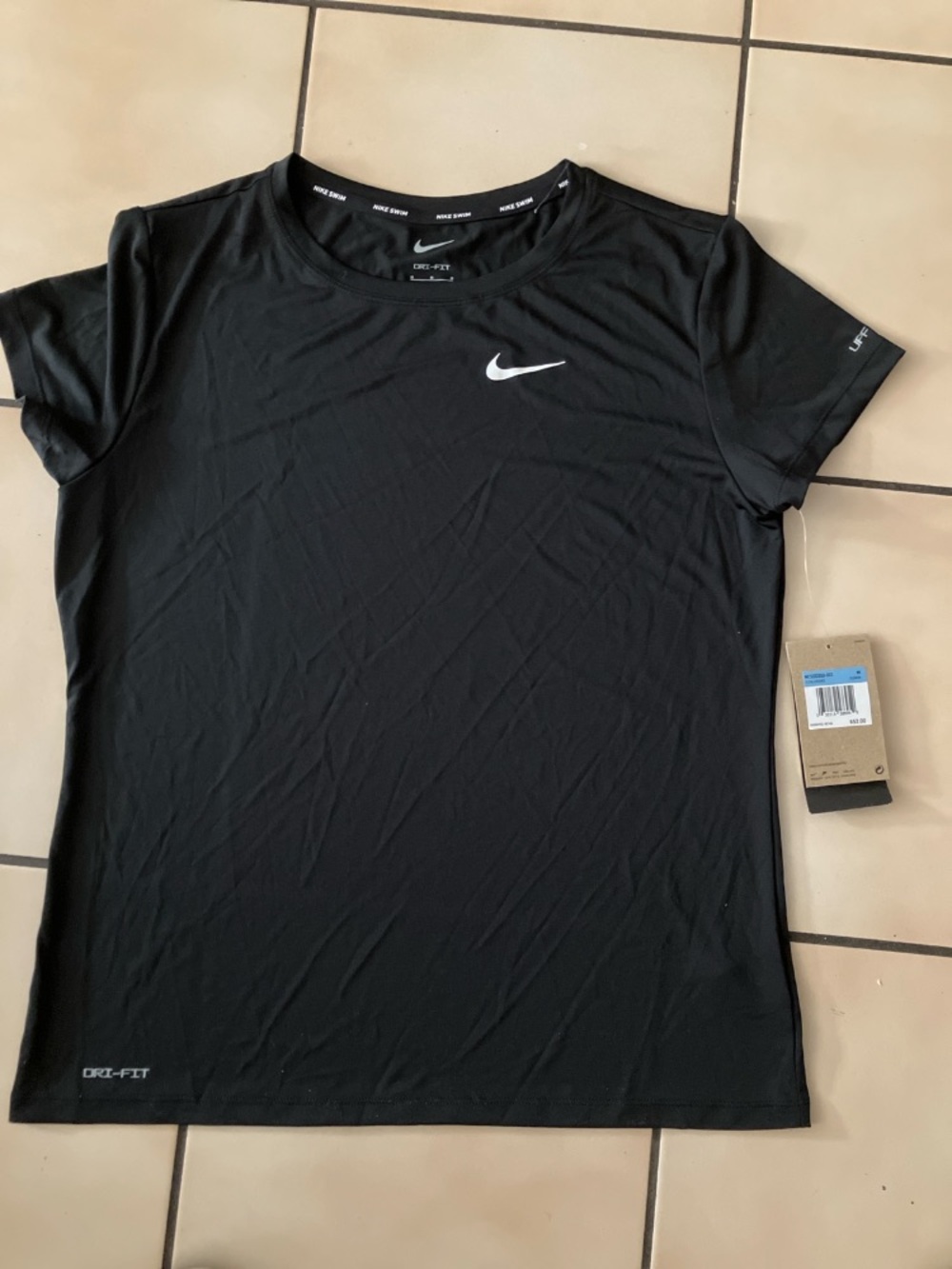 New Nike Black SSleeve Dri-FIT Swim Tee White Swoosh Lightweight Moist Wick